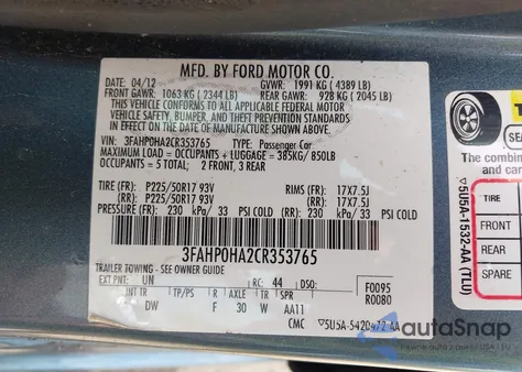 2012 Ford Fusion Se из США, поврежденный, VIN 3FAHP0HA2CR353765